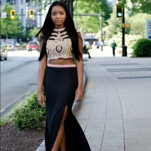 TWO-PIECE LONG PROM DRESS WITH EMBROIDERED LACE